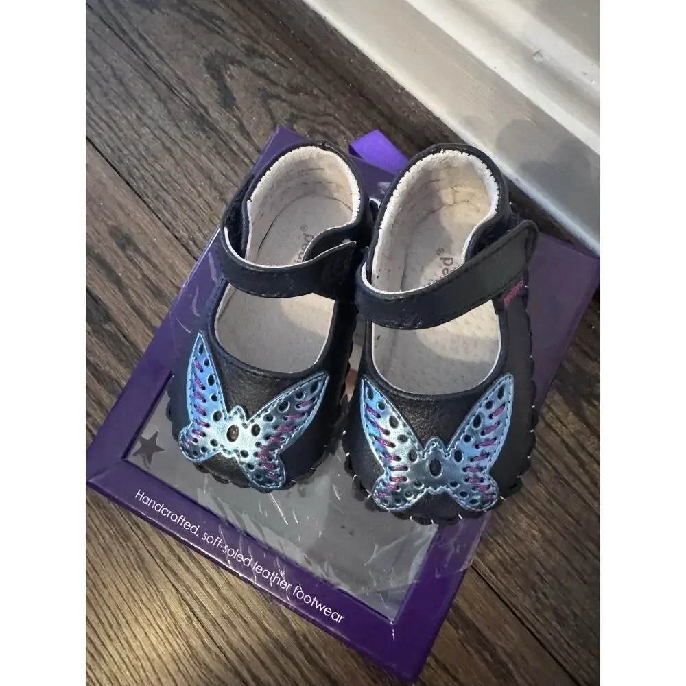 PediPed Infant 0-6 Month Mary Janes Navy Blue Leather Dress Shoes Butterfly NWT